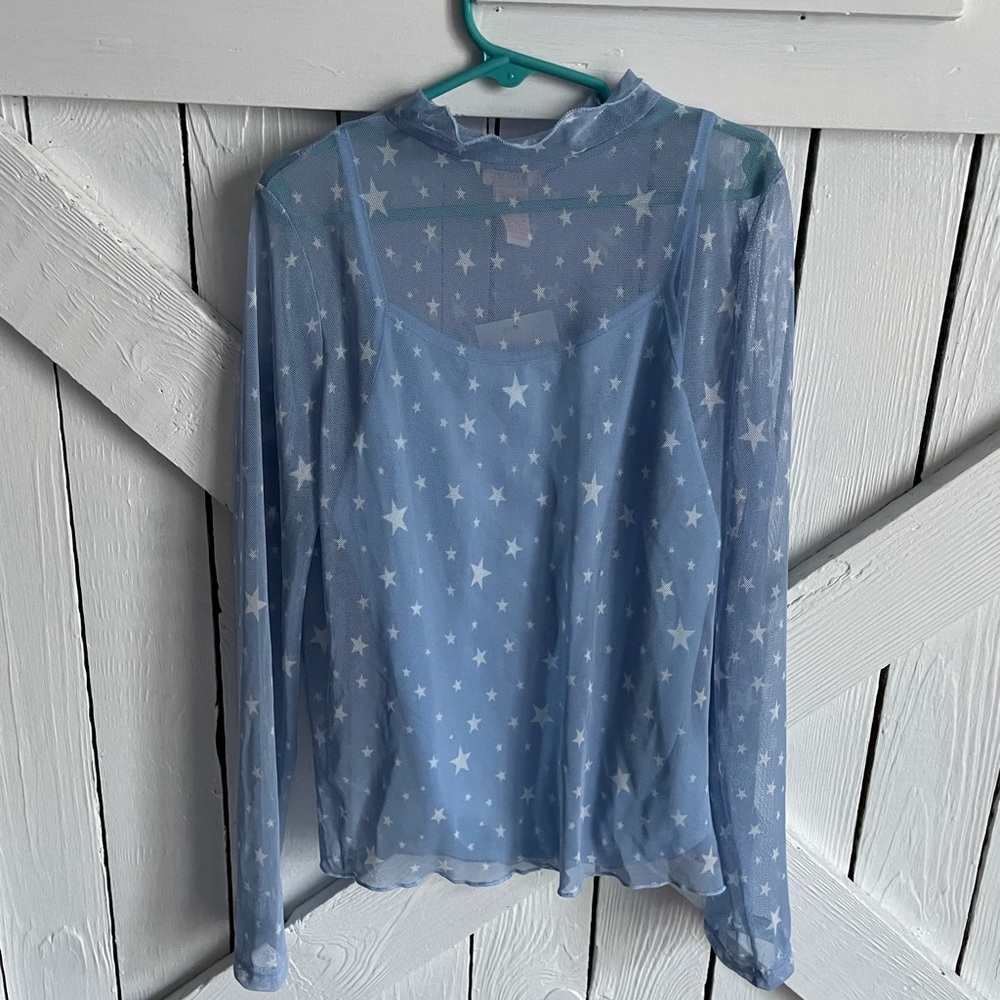 NWT Forever 21 Girls Size 9/10 Light Blue Sheer Star Long Sleeve Shirt